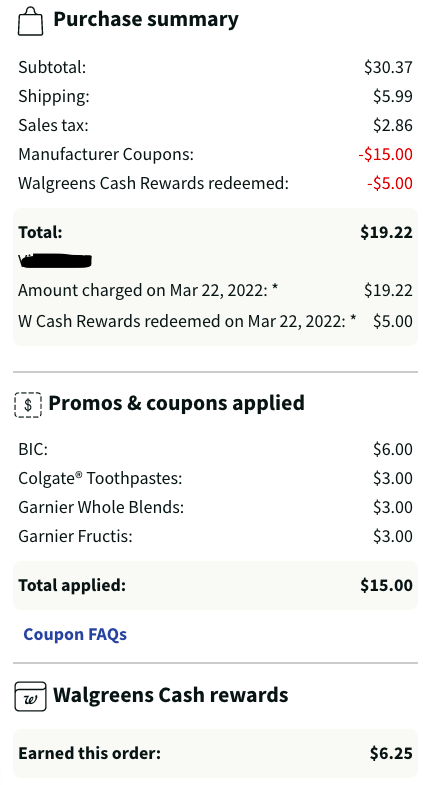 Savings Receipt from online order haul